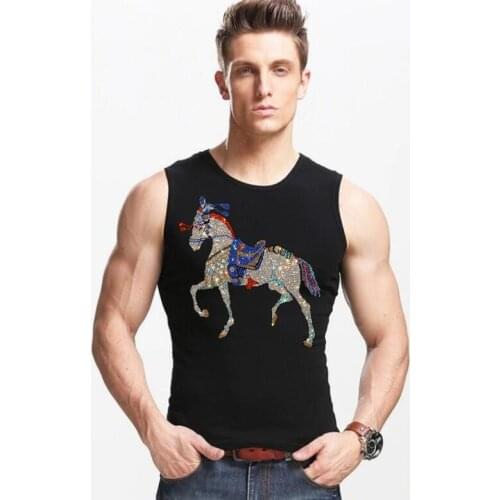 Top Summer Men Tanks Summer Short Sleeve Casual Male T Shirt Rhinestones horse slim fit Homme Top Tees