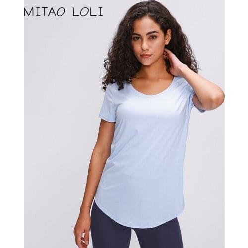 MITAO LOLI Slim Fit Naked-feel Fabric Workout Yoga Fitness T-shirt Top Hip-length Plain Running Gym Sport Short-sleeve Shirt