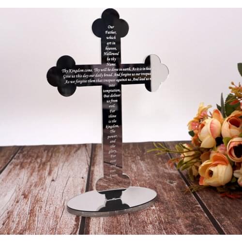 Custom English Lords Prayer Freestanding Cross Acrylic Mirror God Bless Baptism Wedding Party Event Christening Decor