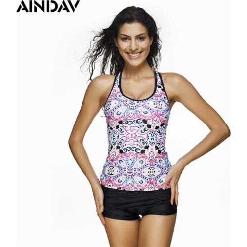 AINDAV Woman Print Beach Swimsuit Two-piece Tankini Set with Boyleg Shorts Push Up Strappy Bathing Suit Swimwear Plus Size XXXL
