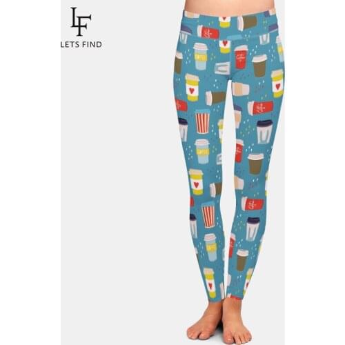 LETSFIND Fashion 3D Hand Drawn Various Coffee Cups Print Soft Milk Silk Print Women High Waist Fitness Leggings Plus Size
