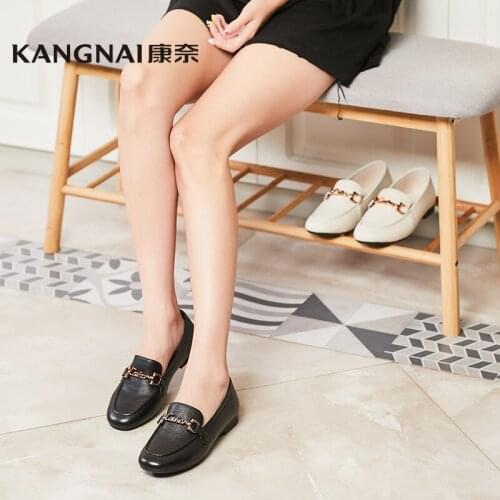 KANGNAI Womens Genuine Leather Loafers Buckle Flat Shoes Moccasins Slip-on Comfortable Female Shoes