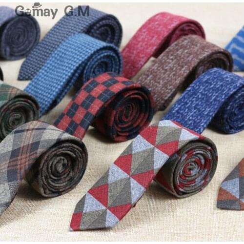 Fashion Skinny Cotton Wool ties for men Custom made Brand name Checked Slim Mens neckties For gift
