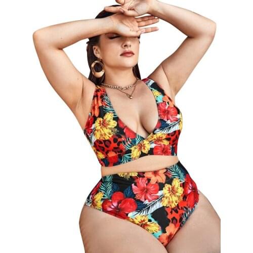 2021 New Lady Split Swimsuit Printing Flower Large Size Fat Body Woman Bikini Set Girl Swimwear 4XL SW193