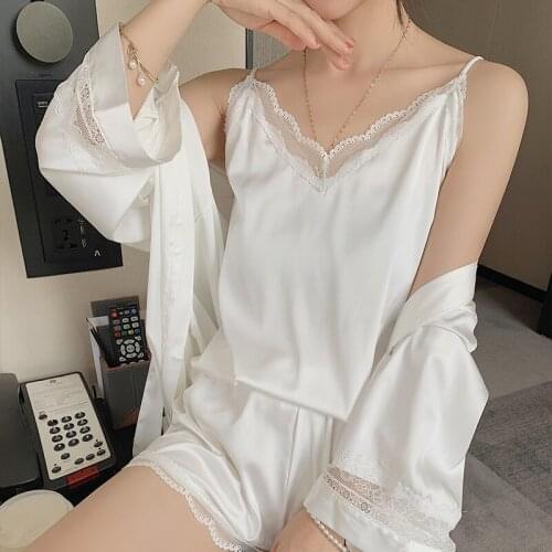 3PCS Women Rayon Lace Pajamas Sets Sexy V-Neck Nightgown&Shorts Kimono Bathrobe Bride Dressing Gown Summer Loose Home Clothes