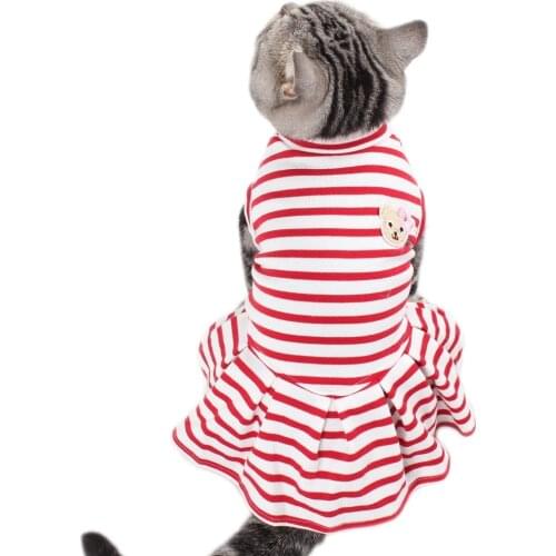 Cats Dogs Dresses Red and White Stripes Soft Cotton Fabric Dress with Cute Bear Badge Pet Clothes Outfit Dresses vetement chat