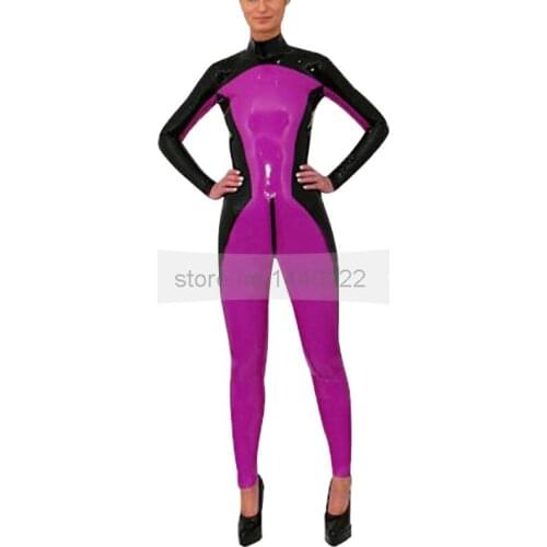Handmade Rubber Latex Catsuit Woman Slim Black and Rose Pink Dollsuit Rubber Fetish Tights Body Suits BNLC264