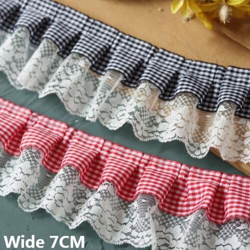 7CM Wide Korean Black Red Plaid Webbing White Mesh Pleated Fabric Lace Applique Dresses Collar Ruffle Trim Sewing Fringe Decor