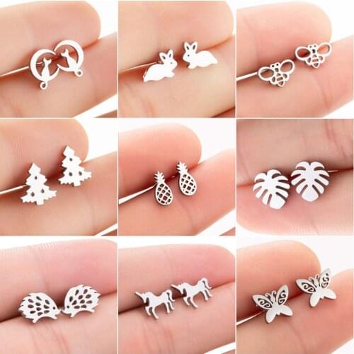 SMJEL Stainless Steel Earings for Women Kid Fashion Cute Rabbit Cat Earrings Animal Jewelry Pineapple Ear Stud Party Gift