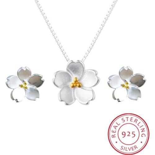 Wedding Bridal 925 Sterling Silver Cherry Flower Earrings Necklaces Jewelry Sets for Women Girls Party Gifts Pendientes