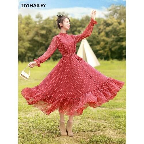 TIYIHAILEY Free Shipping Boshow Women Long Maxi Long Lantern Sleeve Spring S-L Chiffon Big Hem Ruffles Red Dot Dresses Bandage