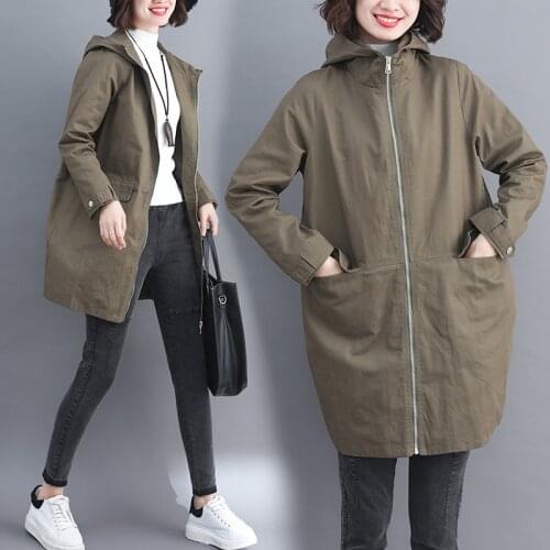 Army Green Black Trench Coat Female Spring Autumn Coat Long Sleeve Hooded Zipper Large Size Mid-Length Windbreaker Outerwear