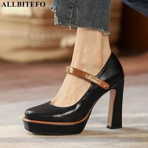 ALLBITEFO Size 33-40 Waterproof Platform Comfortable Soft Genuine Leather High Heel Shoes Fashion Women Heels Shoes High Heels