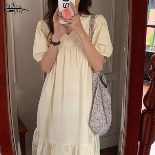 Vintage Puff Sleeve Plus Size Dress Women V-neck Loose Long Dresses For Women Party Casual Pleated Yellow Dress Robe Femme 15260