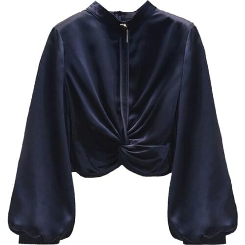 2021 Spring Lantern Sleeve Short Slim Long Sleeve Womens Shirt Solid Color Stand Collar Zipper Crop Top Elegant Lady Blusas