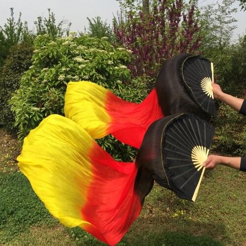 Women Black Red Yellow Gradient 100% Real Silk Belly Dance Fan 1.8m 1pair(L+R) New Arriva