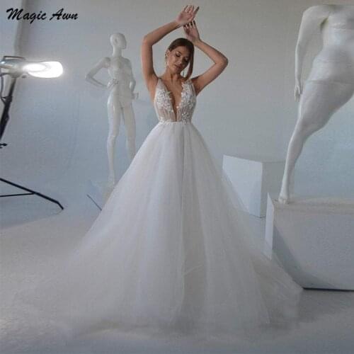 Magic Awn Graceful Soft Tulle Wedding Dresses 2021 Appliques Illusion Scoop Boho A-Line Bridal Gowns Princess Abito Da Sposa