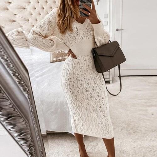 Autumn Sexy V-neck Office Lady Knit Sweater Dress Winter Elegant Lantern Sleeve Women Slim Long Dress Fashion Solid Party Dress