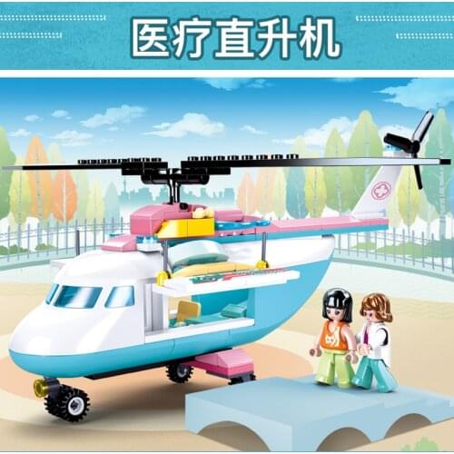 163PCS S Luban 0798 Medical Ambulance Aircraft Assembly Model Girl Small Particles Assembled Building Blocks Toys Gifts