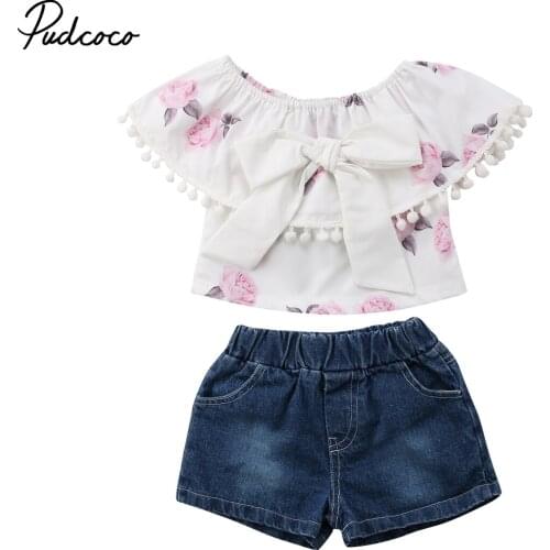 2018 Brand New Toddler Infant Child Kids Baby Girl Floral Tassel Tops Denim Shorts Pants Jeans Summer 2Pcs Sets Outfits Sunsuit