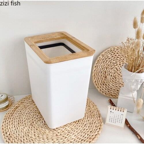 White Plastic Trash Can Wooden Cover Garbage Can Rectangular Waste Paper Basket Home Kitchen Trash Bin Storage Bucket Waste Bins