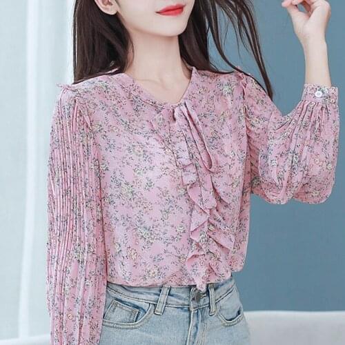 Blusas Mujer De Moda 2021 Blouse Women Ruffles Bow V-Neck Print Chiffon Blouse Shirt Long Sleeve Women Blouses Shirts Blusa D530