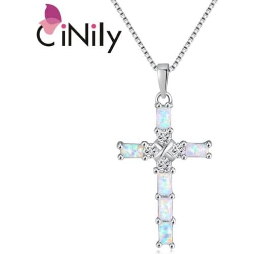 CiNily Opal Necklace Pendant Cross Christian Silver Plated Fashion Jewelry with Zircon Inlay for Woman Anniversary Gift