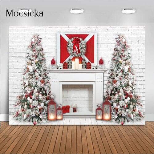 Chrismtas tree Fireplace Backdrop for Photography Wreath Candle Background for Photo Studio Retro Light Brick Wall Portrait Prop