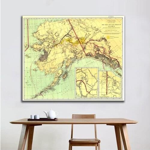 60x60cm The Gold And Coal Fields of ALASKA in 1898 Edition Fine Canvas Spray Painting Wall Map For Livinig Room Wall Decor