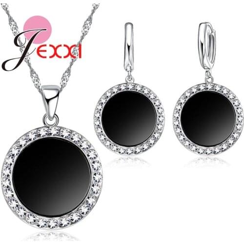 Classic Round Black Woman Wedding Engagement Necklace Earring Jewelry Sets 925 Sterling Silver Cubic Zirconia Crystal