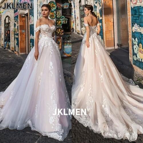 Sexy Backless Boat Neck Lace A Line Wedding Dress 2021 Luxury Appliques Off The Shoulder Court Train Vintage Bridal Gown