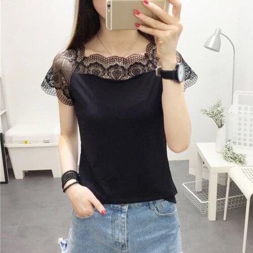 DAXIN Summer Slash Neck Tee Shirt Lace Stitching Short Sleeve Tee Top Casual T-Shirt Women Tops