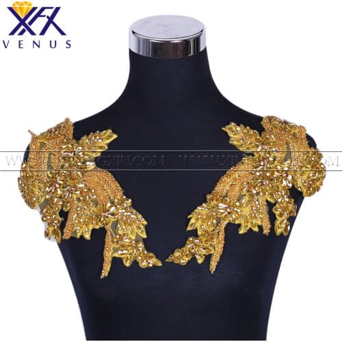 XFX VENUS 1 Pair Handsew on bodice Gold rhinestone applique with glass beads patches wedding dress accessories for DIY