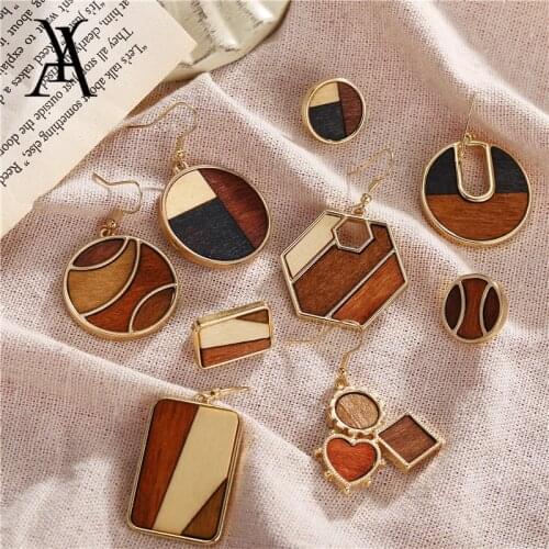 Fashion Colorful Square Round Wooden Earrings for Women Vintage Irregular Geometric Drop Dangle Earrings Statement Jewelry
