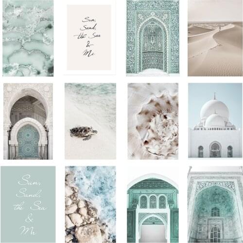 Islamic Wall Art Canvas Painting Poster Living Room Decoration Blue Landscape Moroccan Arch Beach Sea Desert Conch Home Decor