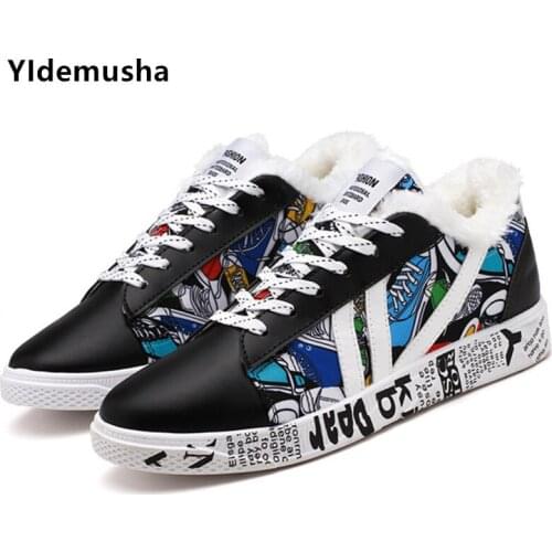 New Running PU Men Sneakers Casual Warm Plush Shoes Men Printing Fashion Flat Tenis Masculino Vulcanized Shoes Zapatos De Hombre