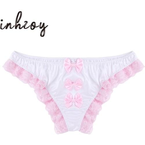 Sissy Panties for Men Lingerie Shiny Ruffle Floral Lace Bowknots Stretchy Bikini Briefs Erotic Thong Hot Sexy Male Gay Underwear
