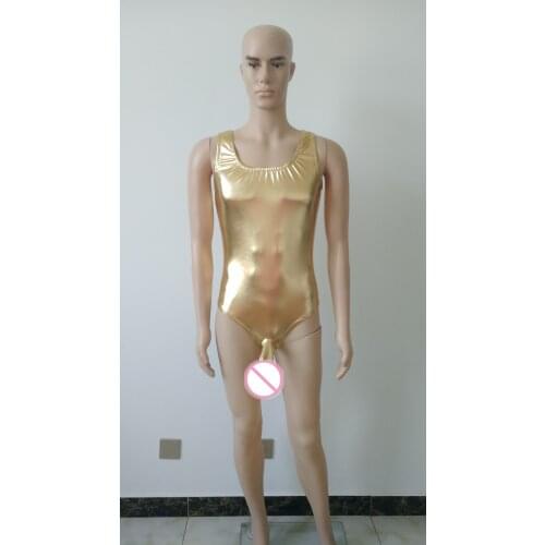 Mens Shiny Metallic Sleeveless sexy half Bodysuit jumpsuit gold Leotard Catsuit with penis sheath