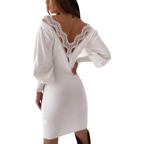 Autumn Dress Sexy Backless Hollow Lace Stitching Long Sleeve Slim Dress Fashion Lantern Sleeve Bodycon Dresses Femme Robe