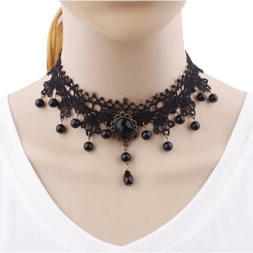 1pc Gothic Style Choker Necklace Vintage Lace Short Neckalce Bead Choker For Girls Women Sweater Chain Jewelry Accessories