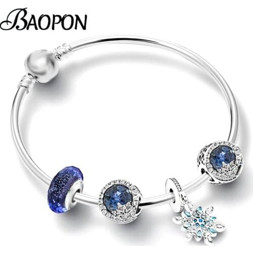 Snowflake Pendant Silver Color Charm Bracelets DIY Elegant Moon & Star Beads Charms Bracelets Bangle For Women Xmas Jewelry Gift