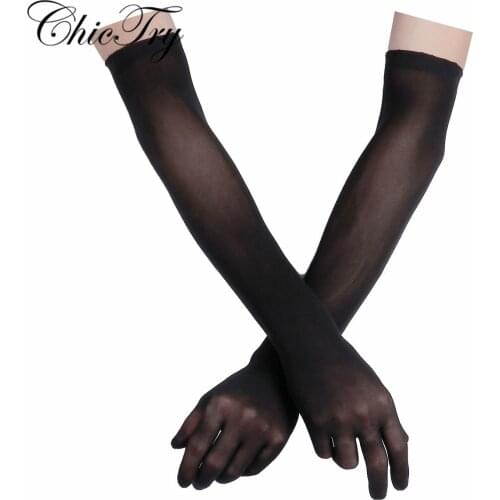 ChicTry See Through Sexy Women Gloves Smooth Sheer Seamles Long Gloves Mittens for Sun Protection Bride Glove Seamless Outdoor
