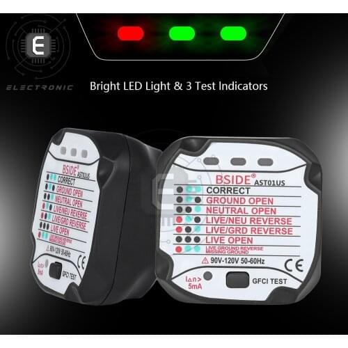 AST01 Socket Power Tester Outlet Detector GFCI Test Outlet Ground Live Zero Line Polarity Phase Check Voltage Tool