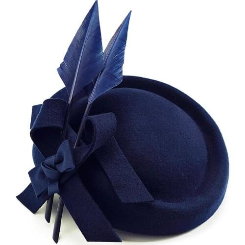 Womens Hat Fedora Elegant For Church Cap Fascinator Blue Wool With Feather Royal Wedding Banquet Prom Festival Bonnet Hat Girls