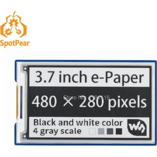 Raspberry Pi 3.7inch e-Paper e-Ink Display HAT, 480×280, Black / White, 4 Grey Scales, SPI