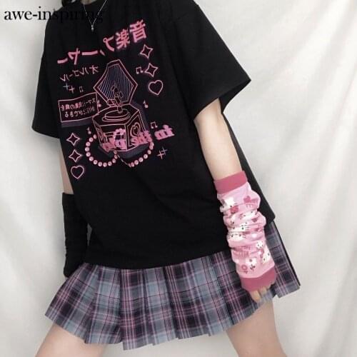 Plus Size Cuddly Harajuku Loose Oversize T Shirt Anime Cartoon Print Short Sleeve Shirt Sweet Women Black Streetwear Vintage Top