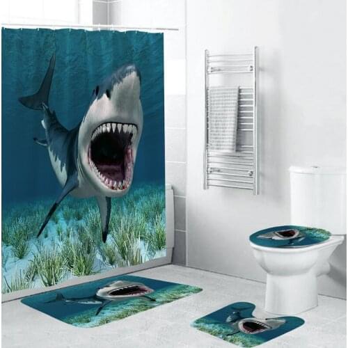 4PCS Shark Deep Sea Printed Waterproof Shower Curtain Pedestal Rug Bath Mat Toilet Cover Bathroom Accessories