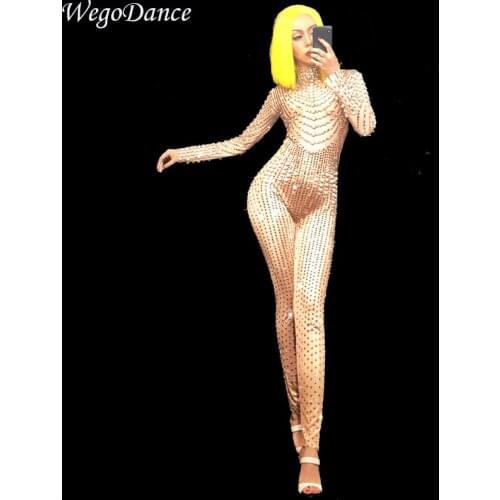 New Women Sexy Dj Jumpsuit Net Yarn Full Sparkling Crystals Pearl Jumpsuit Nightclub Party Dancer Singer Stage Wear Freeshipping
