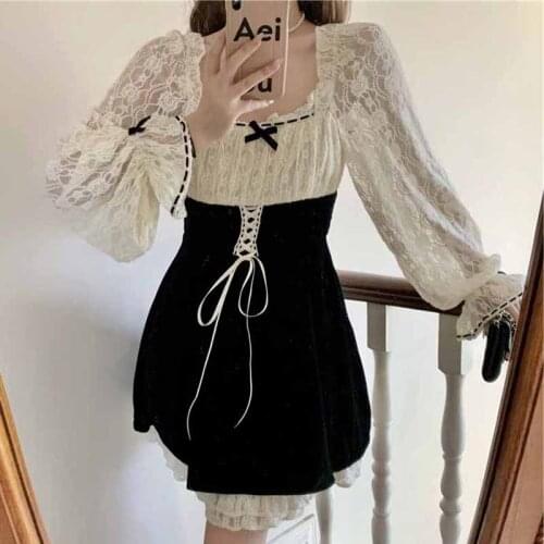 2021 spring and winter new dress womens square collar slim waist lace retro French slim velvet dresses
