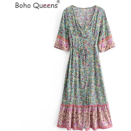 Boho Queens women Floral print botton front beach Bohemian maxi dress Ladies cross V neck rayon cotton happie sundress vestidos